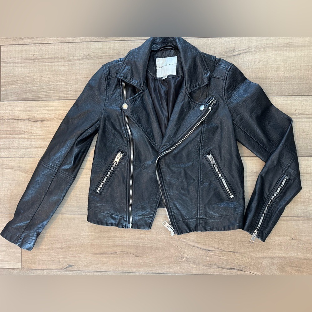 American Eagle faux Leather Jacket Womens small‎ back fall biker Y2K Moto Grunge - Picture 2 of 5